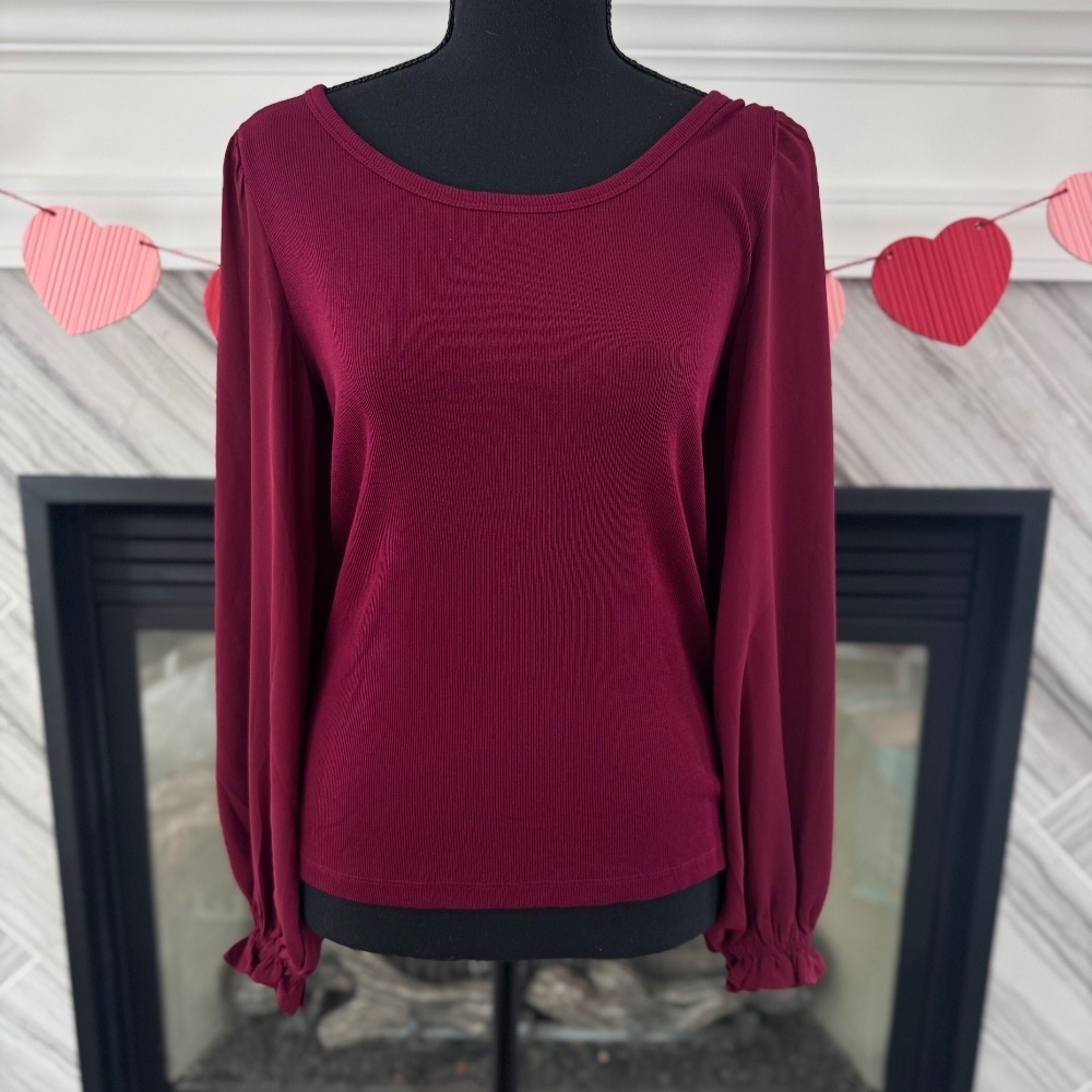 Loft Knit Top Balloon‎ Sleeve Blouse Casual Pullover Burgundy Medium